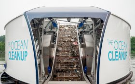 The Ocean Cleanup's Interceptor 002 collecting river garbage in Malaysia.