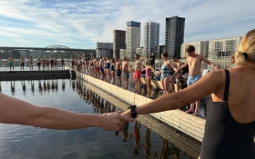 Delegates entering the water at World Water Week 2025 in Stockholm. Photo credits: Swimmable cities