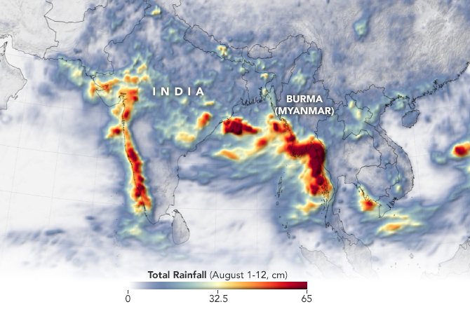 NASA map showing extreme rainfall in Myanmar 1-12 August