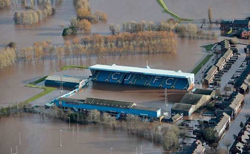 Flooded football stadium in Carlisle UK in December 2015