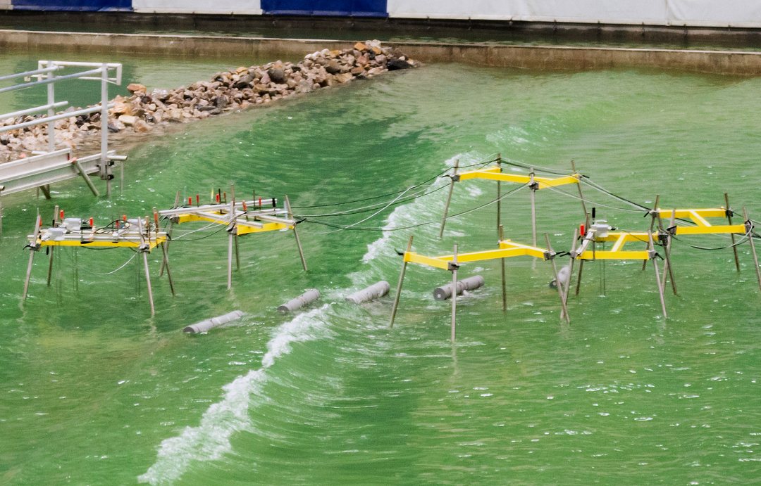 Configuration of four wave energy convertor Slow Mill models in the Delta Basin at Deltares