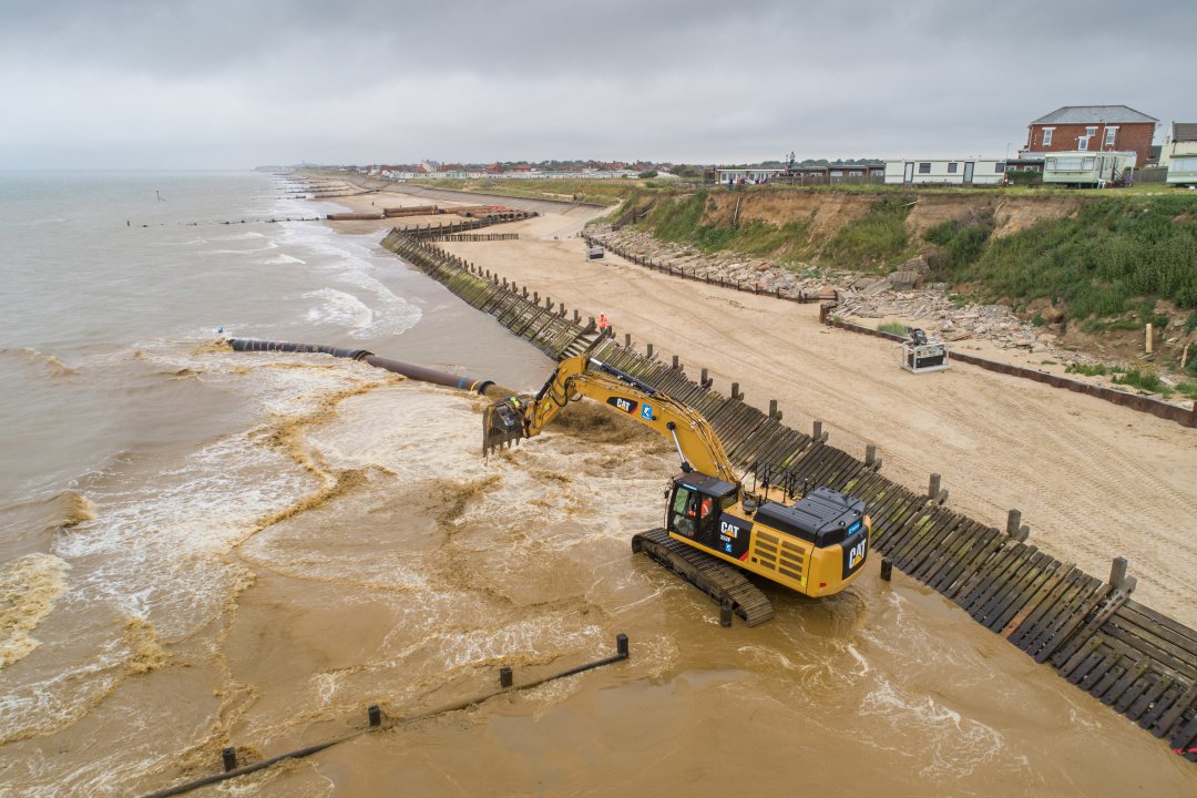 First sand arrives on the beach of Bacton, UK