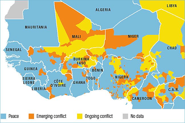 Map of WPS Global Early Warning Tool showing conflicts in Mali