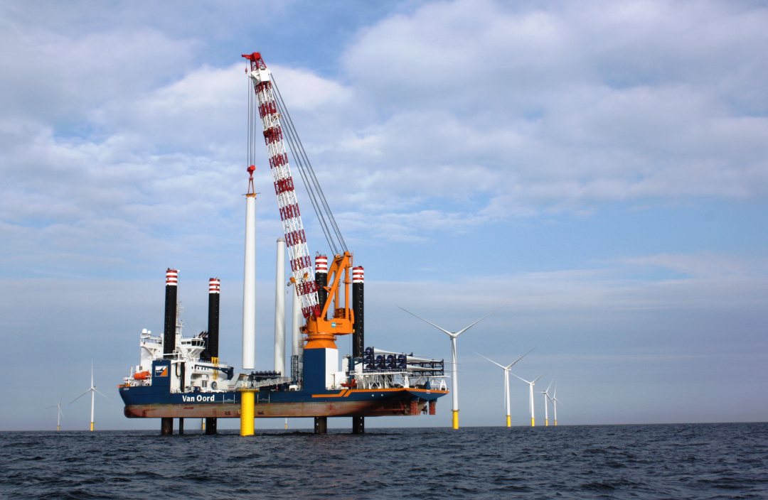 Van Oord's Aeolus at work installing an offshore wind turbine.