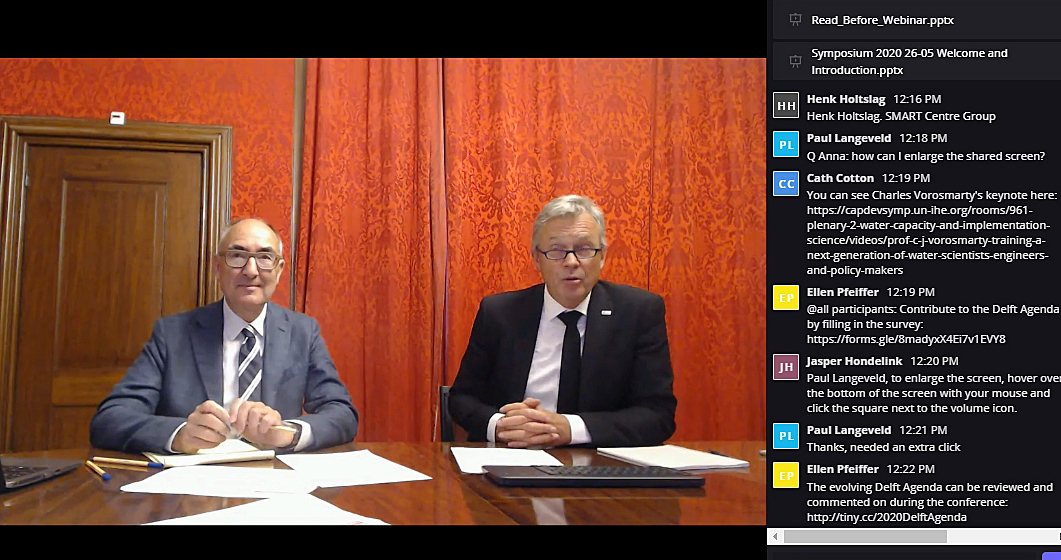 Professor Guy Alearts and reactor Eddy Moors of IHE Delft opening the online conference on capacity development