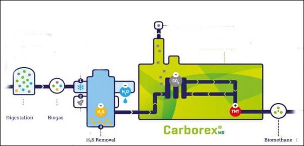 Process scheme for upgrading of biogas by DMT