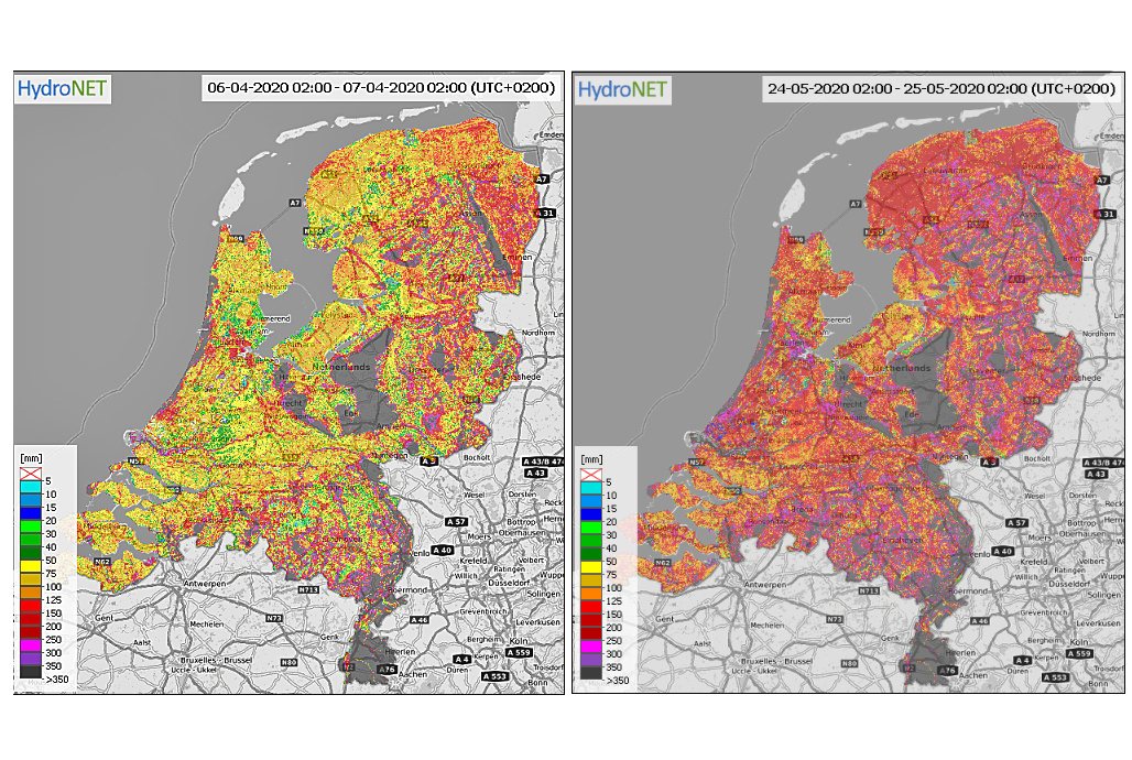 Soil water storage capacity (in mm) in the Netherlands on 6 April and 24 May