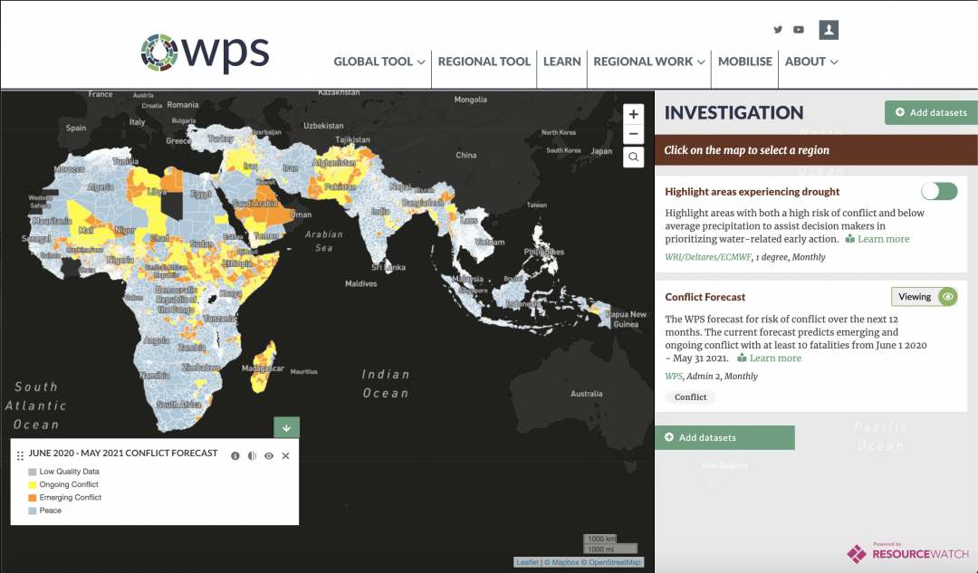 Updates map by Water, Peace and Security (WPS) partnership of conflict areas