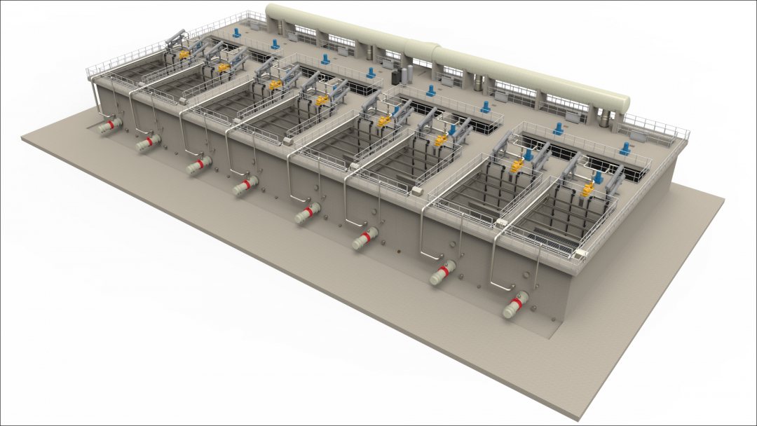 Impression of eight Nijhuis i-DAF units at the Marina East desalination plant, Singapore