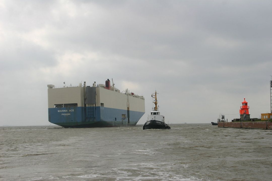 Auotpship leaves port of Emden, Germany