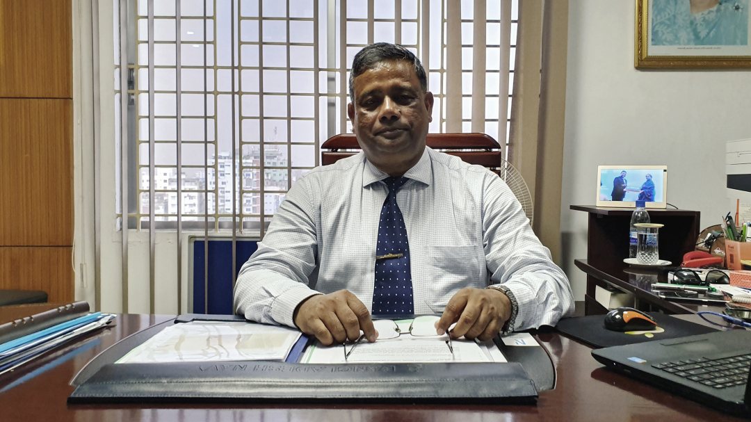 Rear Admiral Khaled Iqbal, director of the Maritime University, at his office in Dhaka.