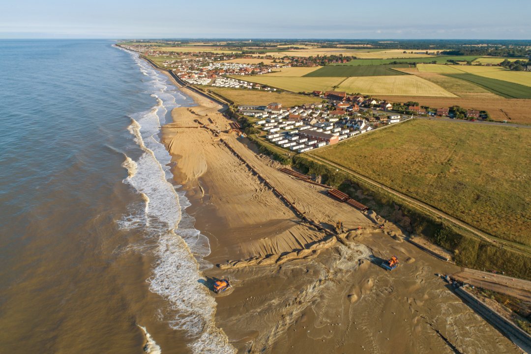 Beach nourishment on the beach at Bacton, East Anglia, UK, in 2019