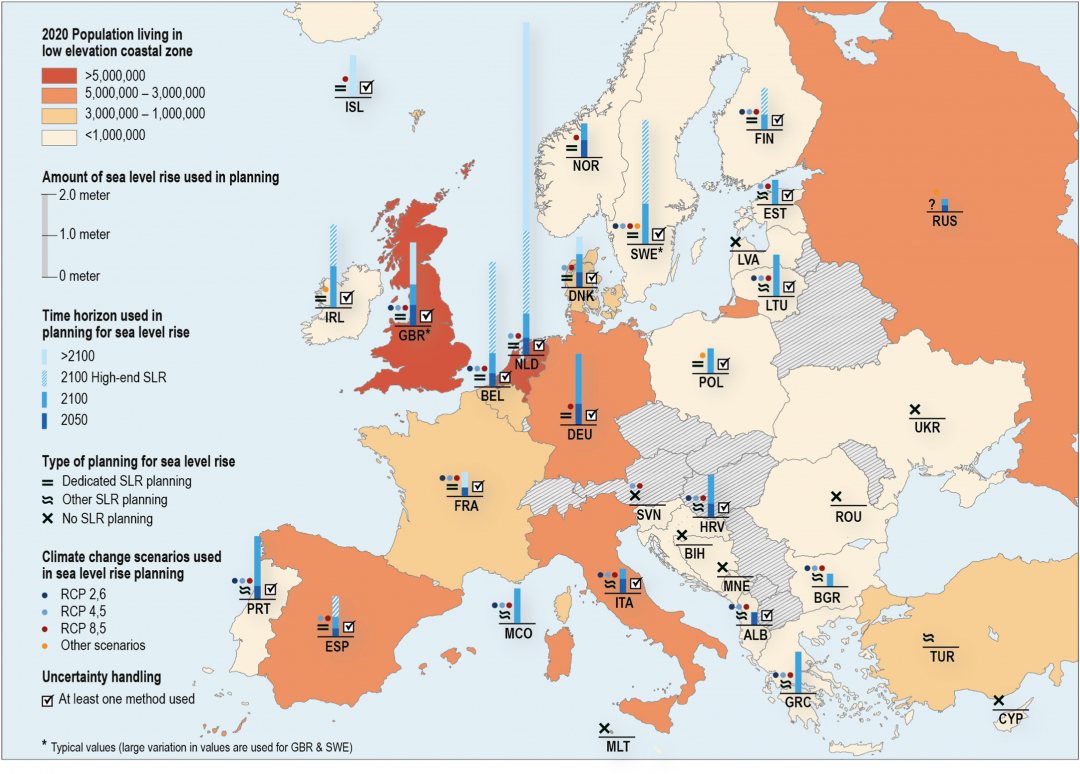 Map of European coastal countries and their different planning for sea level rise