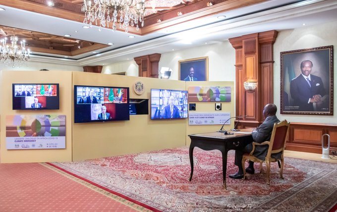 President Ali Bongo Ondimba of Gabon participating in the virtual Africa Covid-climate emergency summit on 5 April 2021