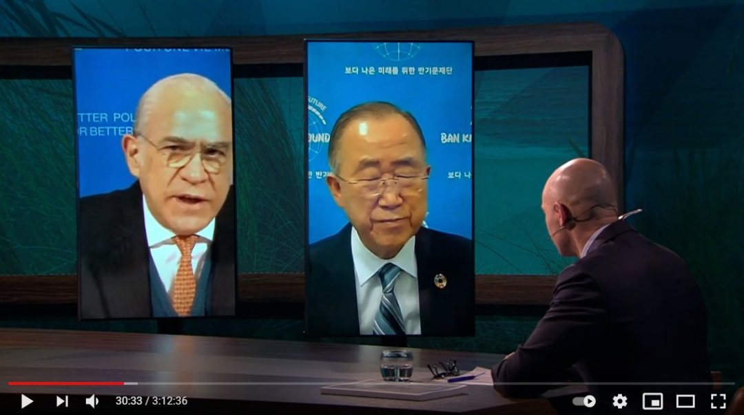Dialogue between Gurria (left), Ban Ki-Moon (middle) and Verkooijen during the Climate Adaptation Summit on 27 January 2021