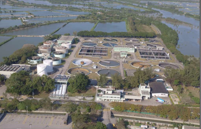 Aerial view of municipal waste water treatment plant Yuen Long, Hong Kong