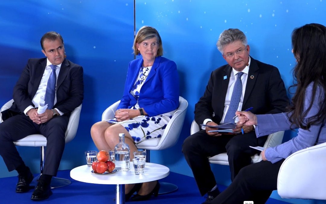 ew Dutch water envoy Meike van Ginneken in the middle giving her view on the way forward, together with her college Water Envoy from Tajikistan, Sultan Rahimzoda at the left and vice-chairman of UN water, Joakim Harlin at the right