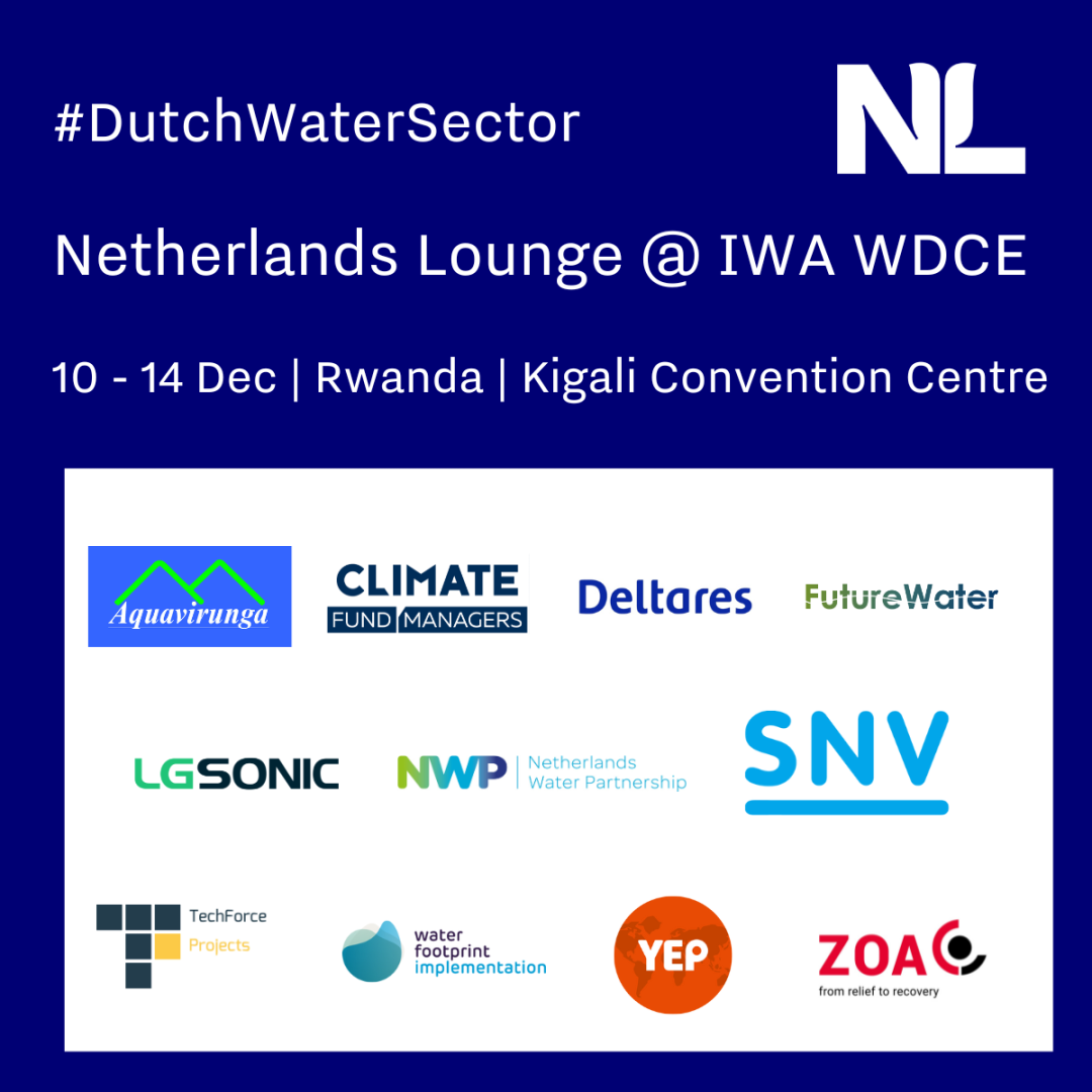 Banner with logos of Dutch organisations participating in the Netherlands Lounge at IWA Water and Development Congress and Exhibition 2023