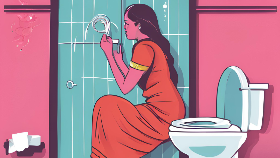 AI image of an Indian woman entering in the toilet room.