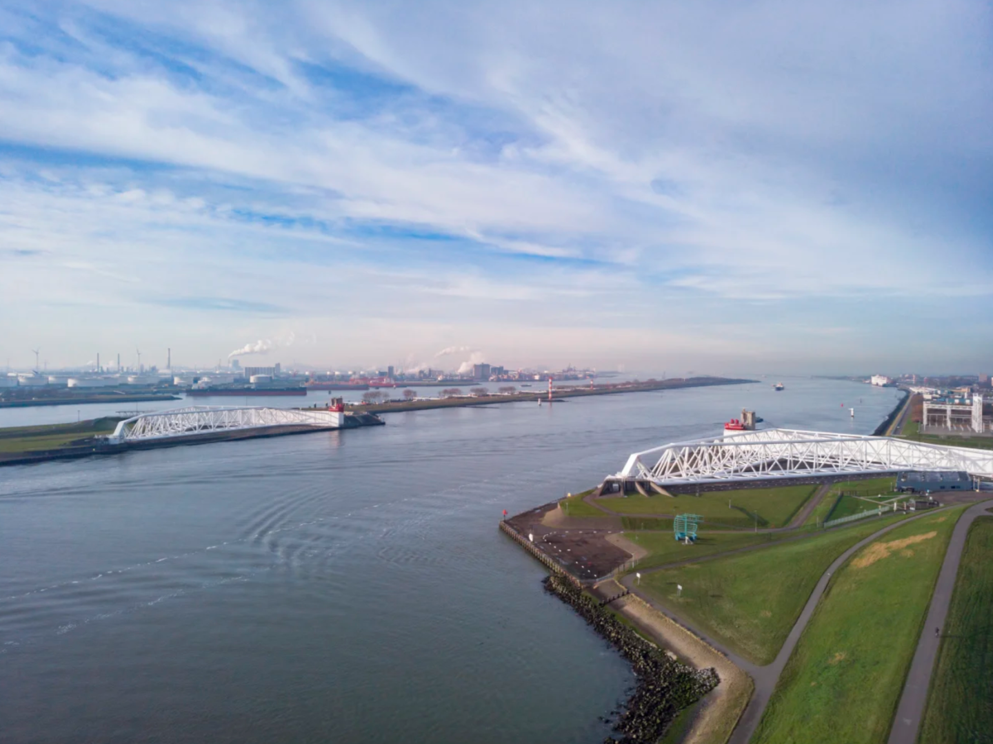 The Maeslant Storm Surge Barrier protects Rotterdam and surrounding areas from North Sea storm surges
