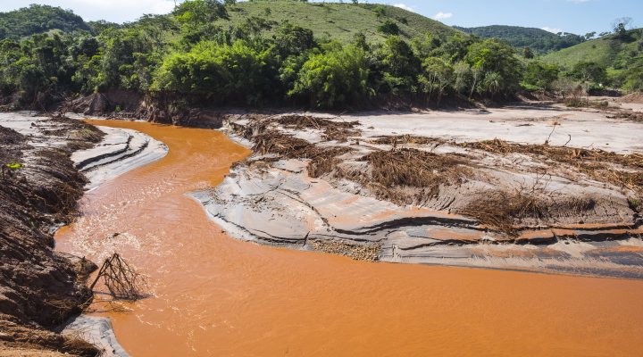 View of Gualaxo do Norte river destroyed due to the mud tsunami after the collapse of Samarco's Fundao mining dam.