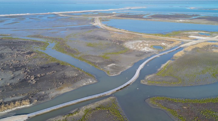 Constructed wetlands Marker Wadden in the middle of fresh water lake IJsselmeer, the Netherlands