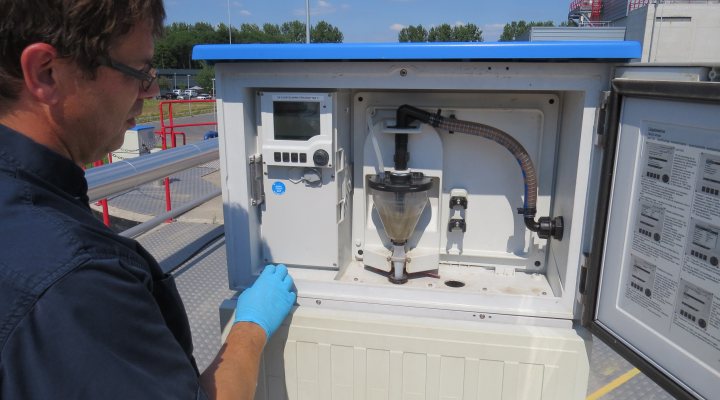 Sample collection sewage water at waste water treatment plant Den Bosch, the Netherlands