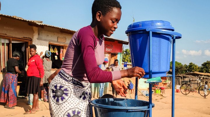 Special designed Covid proof hand washing device in Malawi