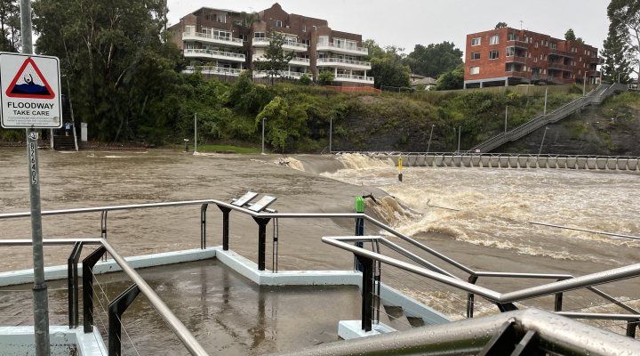Heavily swollen Parramatti river flows through Sydney, Australia in March 2021