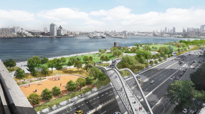 Impression of the East Side Coastal resiliency flood scheme in Lower Manhattan, New York