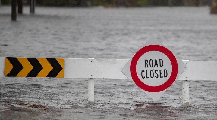 Closed road following heavy rain fall in in Christchurch on 31 May 2021