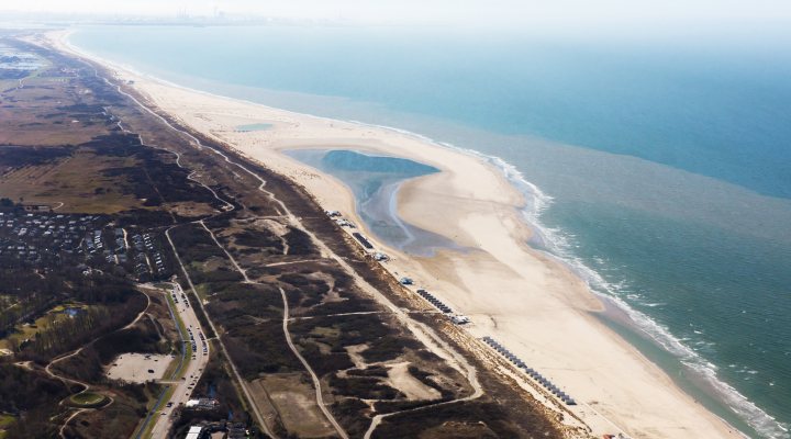 Aerial view of Sand Motor along Dutch coastline in 2021