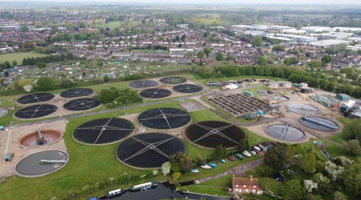 Aerial view of Guildford sewage treatment works, UK