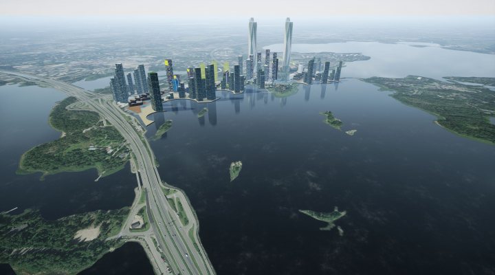 Render of the new city Otakeila on the planned undersea railway Helsinki-Talinn