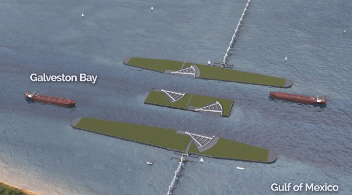 Rendering of a storm surge barrier proposed by USACE for the Texas coast