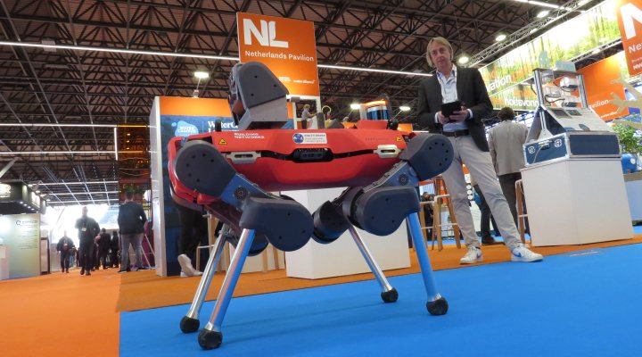 Quasset's four legged robotic unit walking around the Netherlands Pavilion at Aquatech Amsterdam 2023.