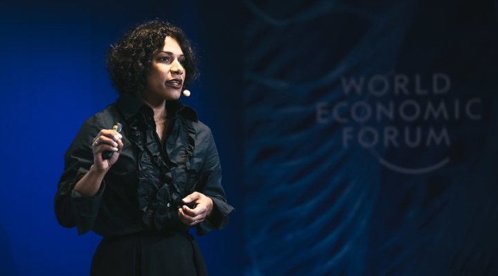 Karina Peña, CEO of FieldFactors, presenting at the World Economic Forum in Davos.