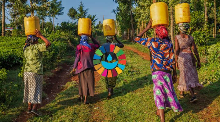Banner showing African women carrying water and the SDGs wheel