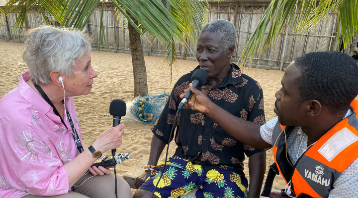 Waterproof Podcast's host Tracy Metz talking to the chief of a village in Ghana. Photo: Partners for Water