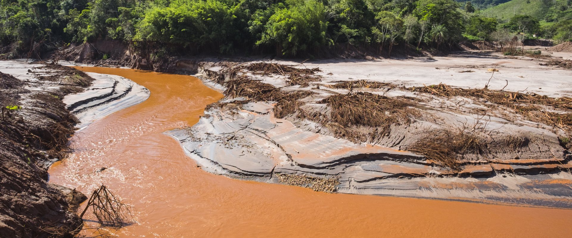 View of Gualaxo do Norte river destroyed due to the mud tsunami after the collapse of Samarco's Fundao mining dam.