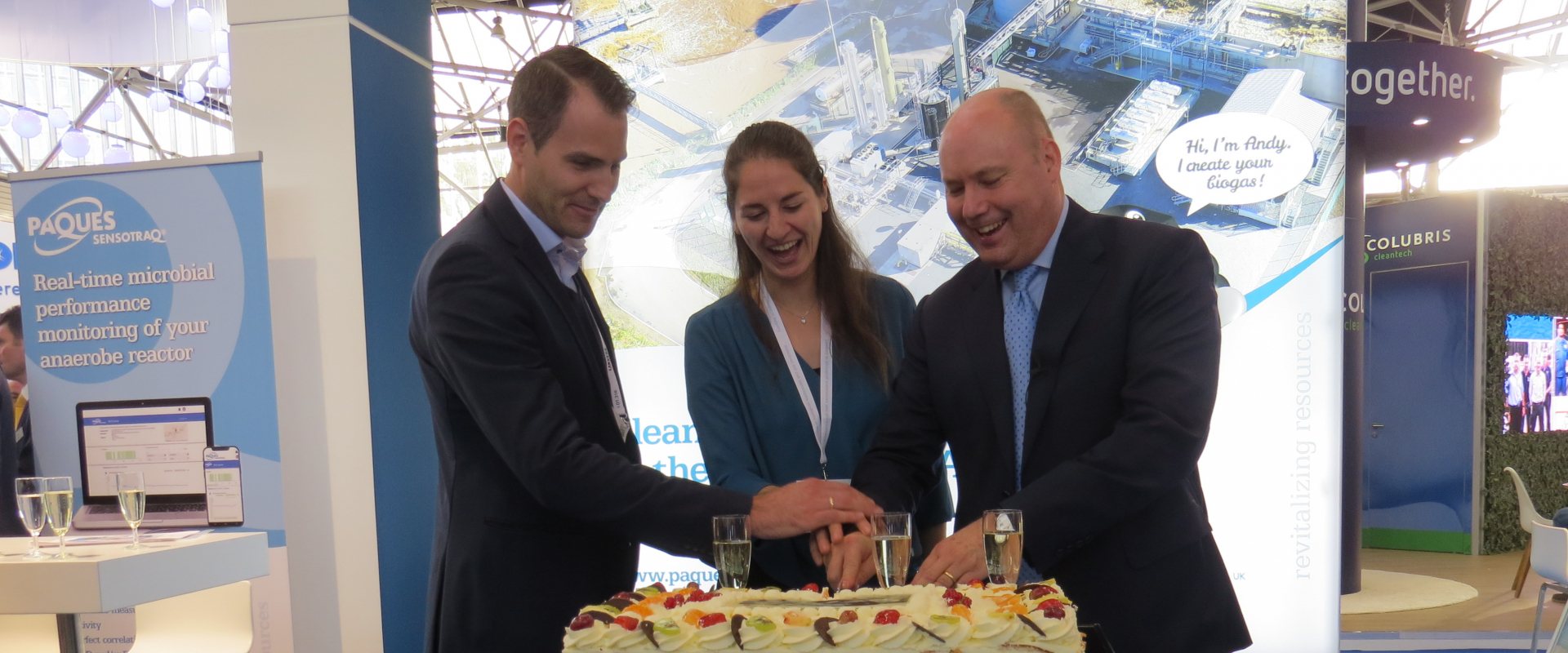 CEO Stephan Bocken of Paques cuts a cake to celebrate the delivery of the 1500th Biopaq waste water treatment plant.