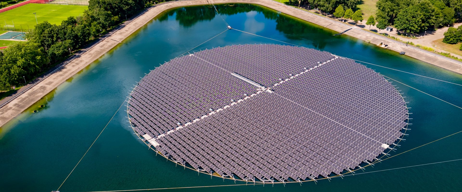 Floating solar park on Kralingen water reservoir of Evides in Rotterdam, the Netherlands