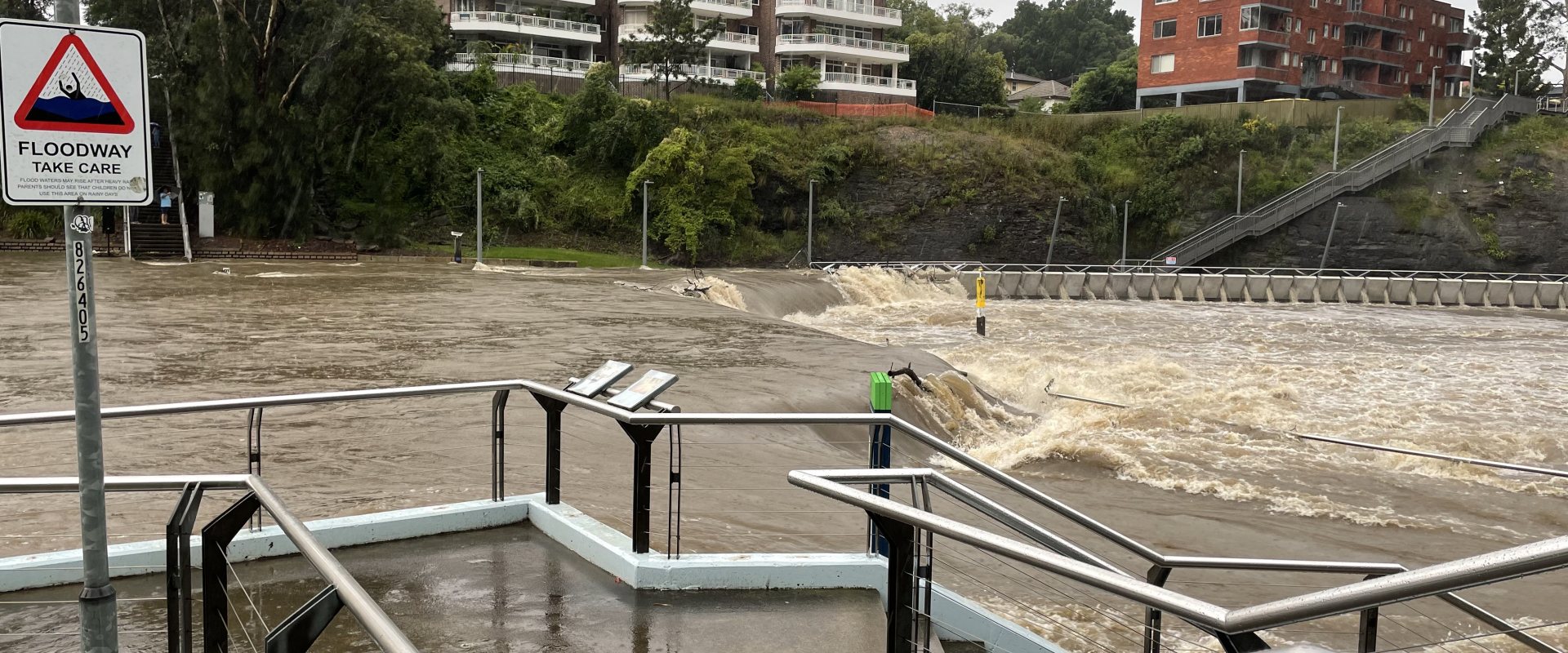 Heavily swollen Parramatti river flows through Sydney, Australia in March 2021