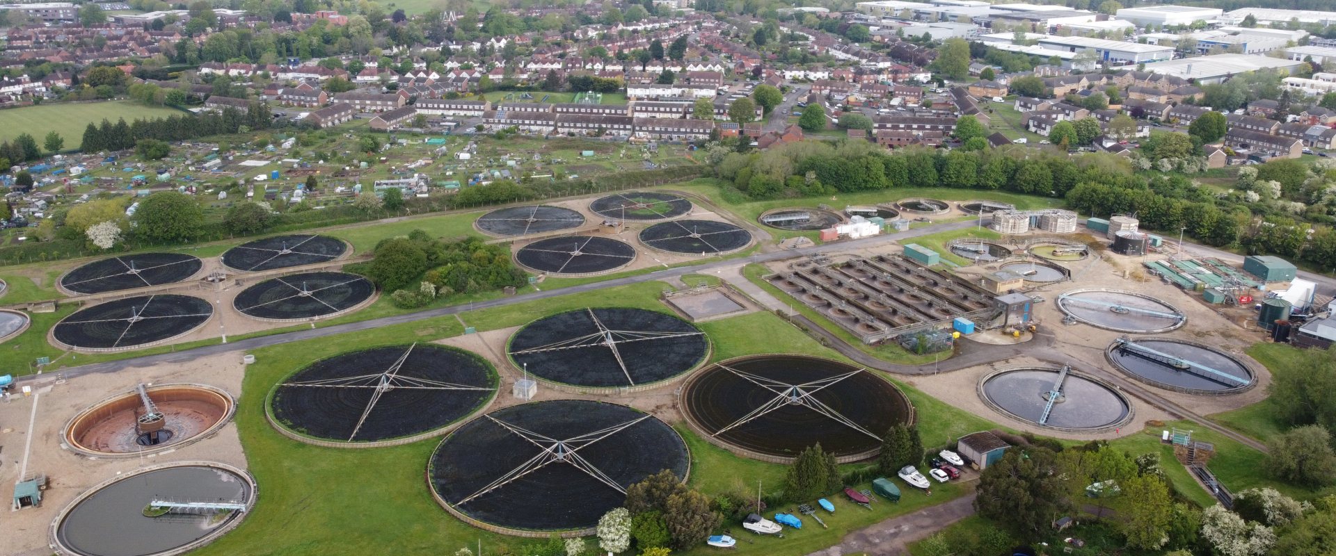 Aerial view of Guildford sewage treatment works, UK