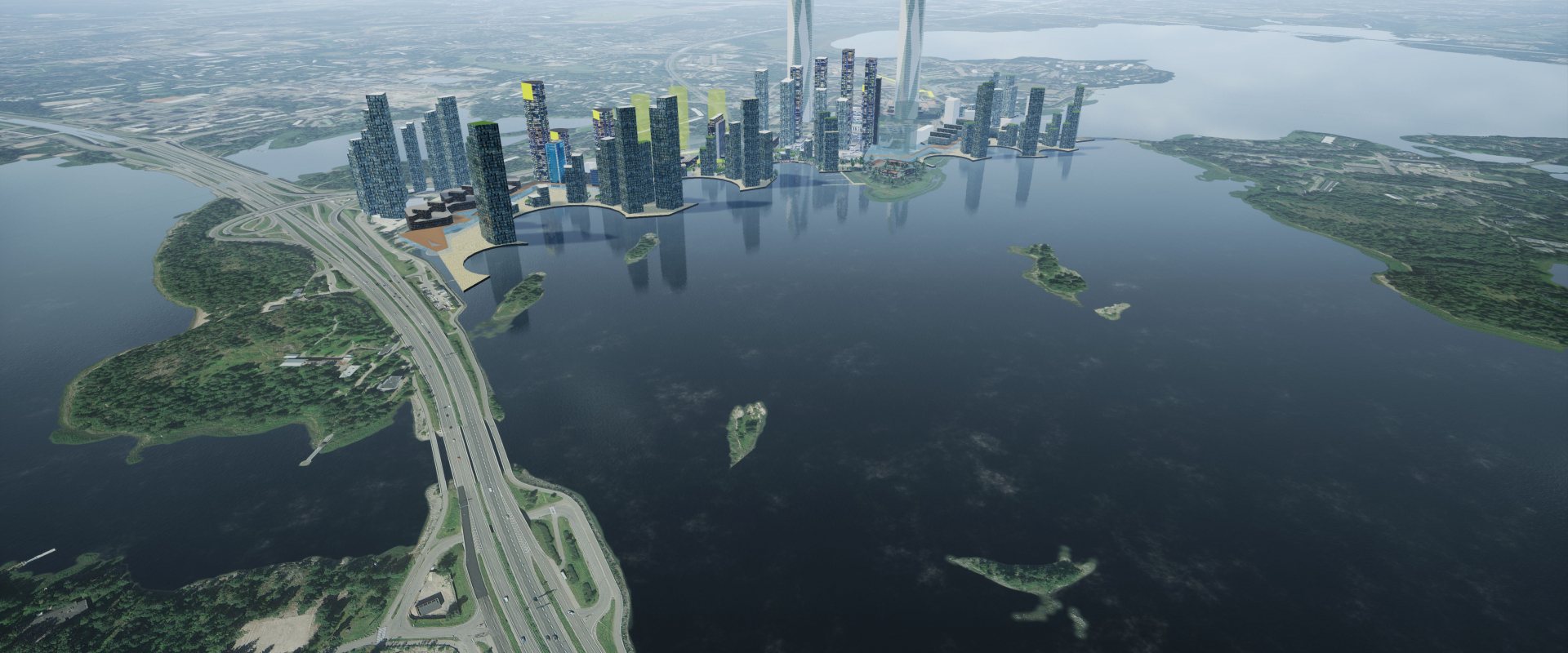 Render of the new city Otakeila on the planned undersea railway Helsinki-Talinn