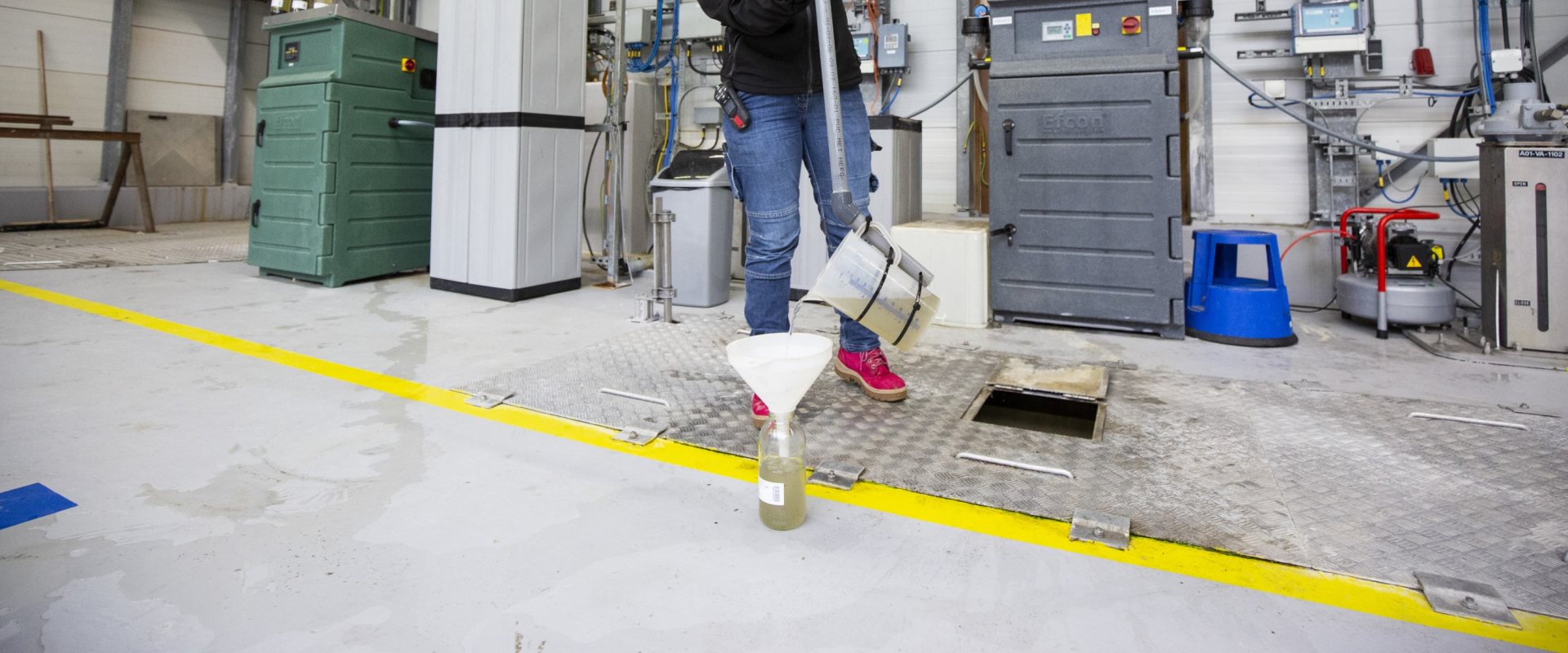 Sampling of influent sewage water at municipal waste water treatment plant Harnaschpolder near The Hague, the Netherlands