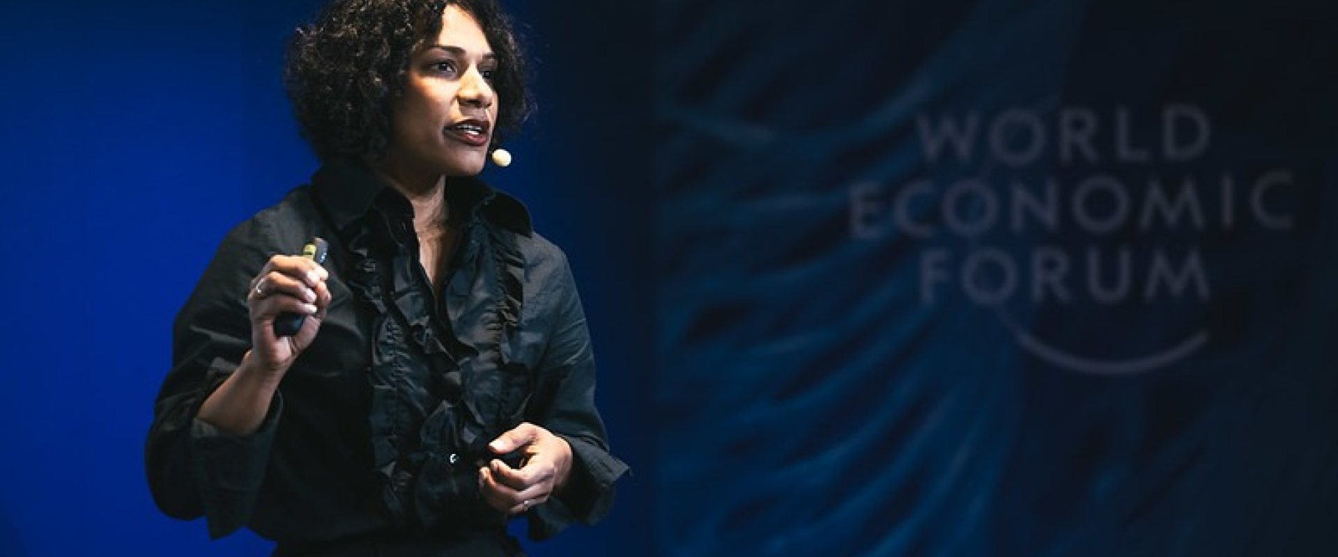 Karina Peña, CEO of FieldFactors, presenting at the World Economic Forum in Davos.