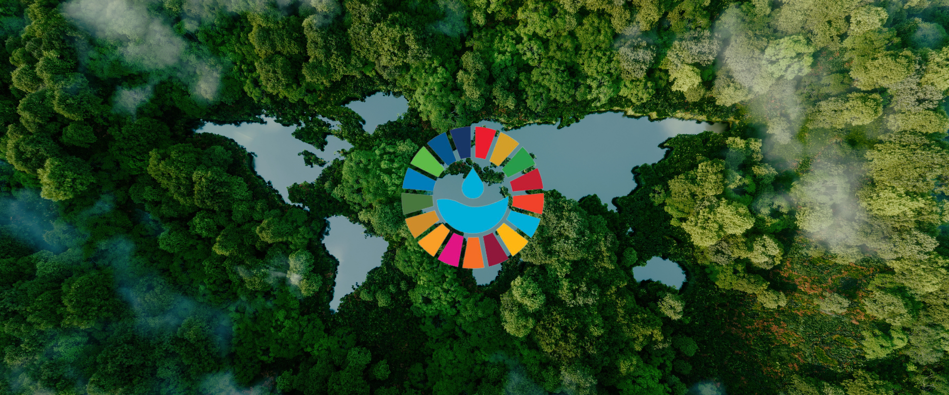 A lake in the shape of the world's continents in the middle of nature, and the SDGs wheel