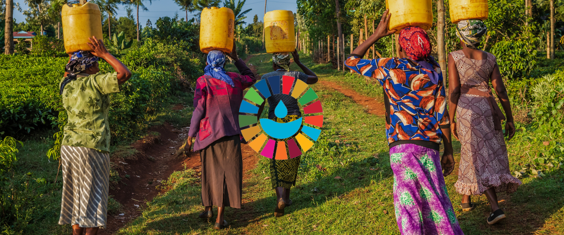 Banner showing African women carrying water and the SDGs wheel