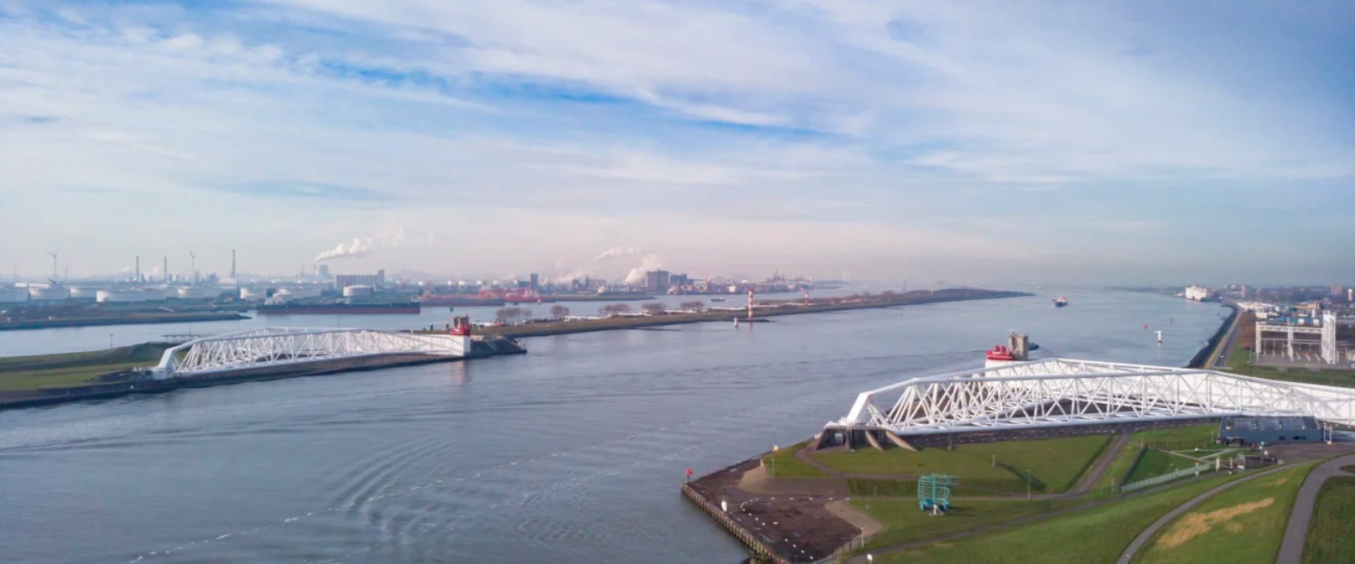 The Maeslant Storm Surge Barrier protects Rotterdam and surrounding areas from North Sea storm surges